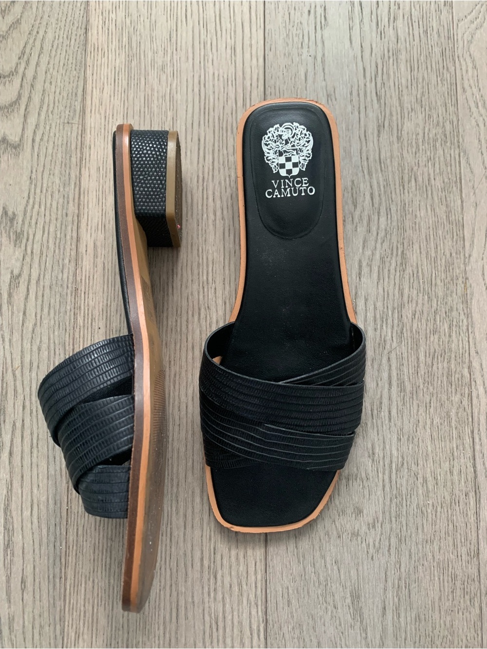 Vince Camuto Black Slide Mules with Tan Trim